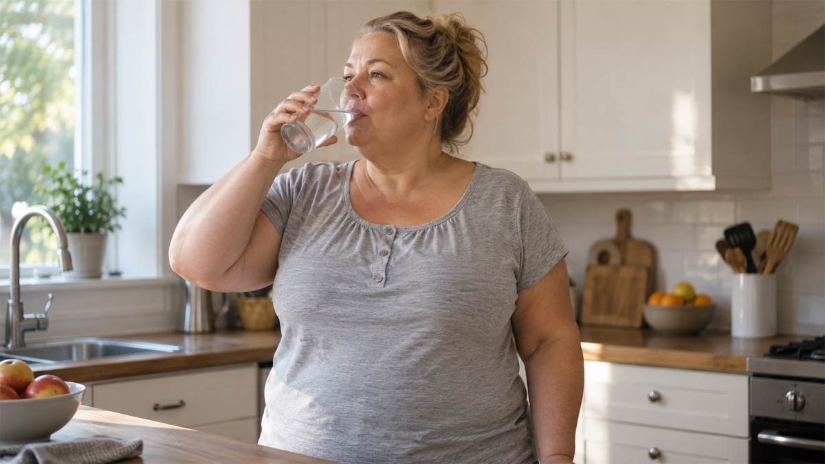 donna sovrappeso beve acqua